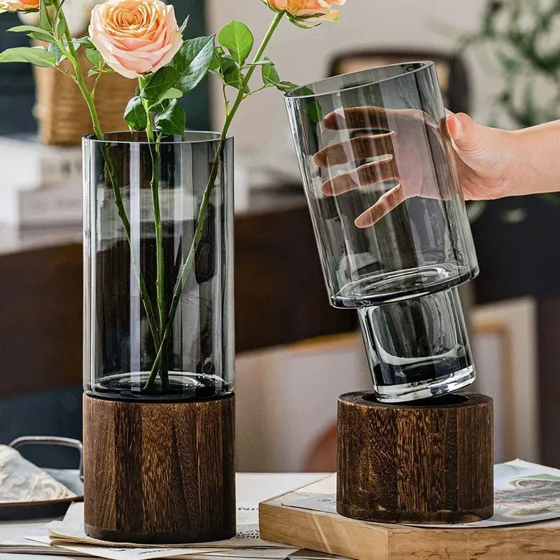 Modern Glass Vase with Wooden Base – European Style Decor