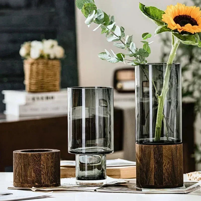Modern Glass Vase with Wooden Base – European Style Decor