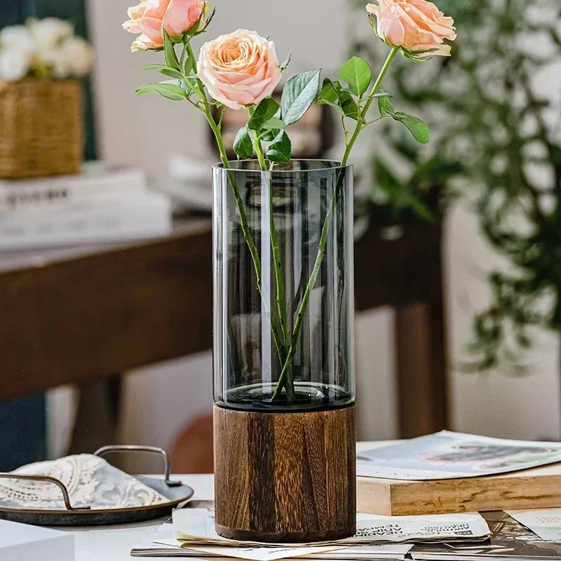 Modern Glass Vase with Wooden Base – European Style Decor