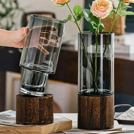 Modern Glass Vase with Wooden Base – European Style Decor